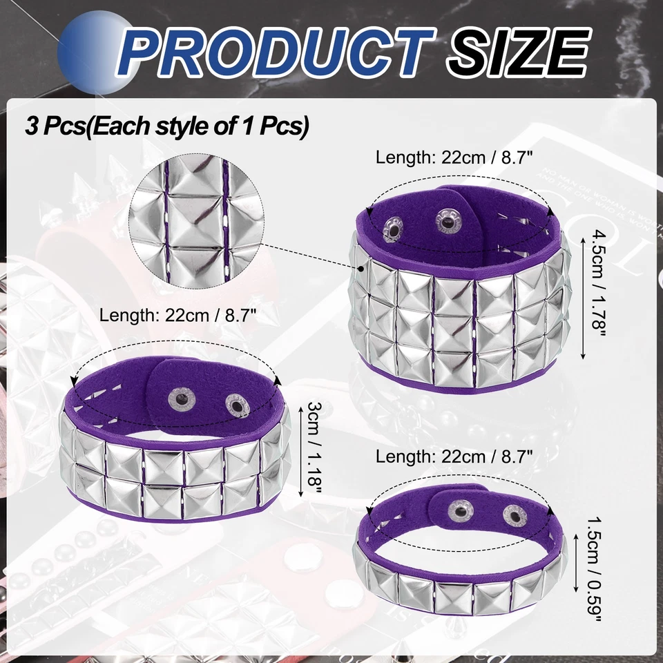 3 件装皮革朋克手链 8.7 英寸/22 厘米方形铆钉哥特手链,紫色 — 第 2/4 张图片
