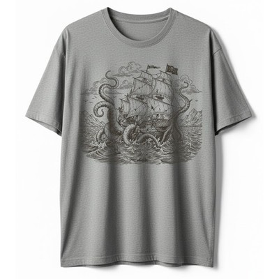 Kraken Attacking Pirate Ship T-Shirt Vintage Sea Monster Giant Squid Gift Tee
