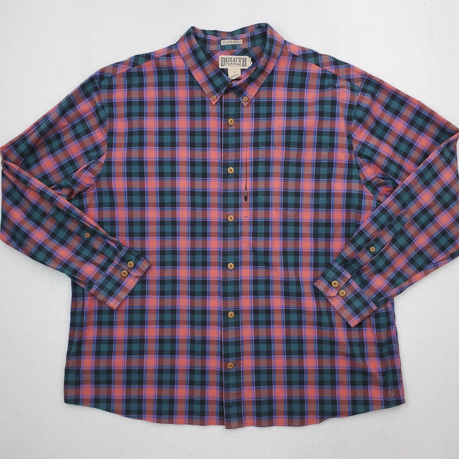 Duluth Trading Shirt Mens XL Green Orange Plaid Untucked Button Down Relaxed Fit