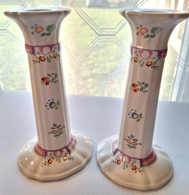 Laura Ashley 7'' Candlestick Candle Holders Alice Floral England Set 2 *Perfect*
