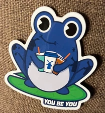 Dutch Bros YOU BE YOU Blue Frog Holding Three Drinks Sticker September 2024