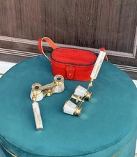 Vintage Mother of Pearl Opera Glasses Brass Theater Binoculars Handle Gift Case