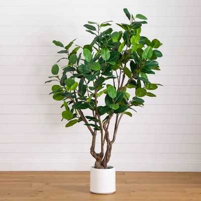 6  Artificial Grand Audrey Ficus Leaf Tree in White Planter. Retail $435