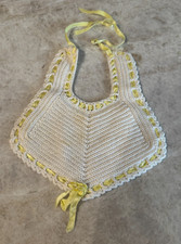 VTG Hand Crochet Baby Doll Bib Beige W/Yellow Trim Bow