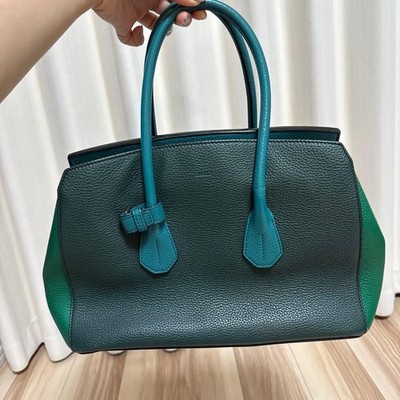 Auth BALLY Sommet M Medium Leather Handbag 2Way Green A4 Silver Hardware