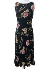 Talbots Black Floral Sheath Dress Sz 10 VTG 90s Y2K Ruffle Sheer Sleeveless