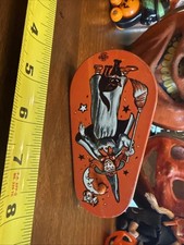 Vintage Tin Litho Halloween Witch Moon Owl Noise Maker USA Metal Toys