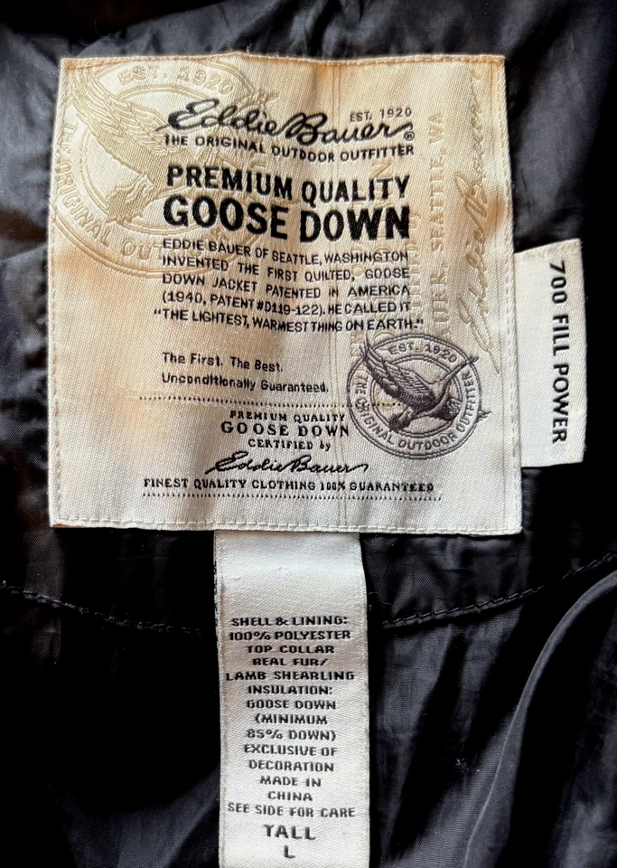 Eddie Bauer Jacket Womens Large Tall Goose Down Puffer 700 Fill Black Lamb Hood - Image 4 of 4