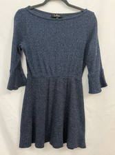 Lulus Cuddle Squad Knit Skater Dress Navy Blue Flounce Bell Sleeve Womens Size S