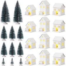 12 Pieces Christmas Winter Houses Village with 12 Pieces Trees Lamp LED Light...