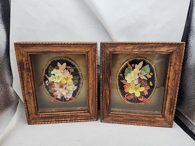 Set Of 2 Wood Framed Shadowbox Frames Floral Bouquets Wall Decor
