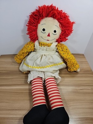 Raggedy Ann Doll Vintage Stitched Face 24'' Yellow White Clothes