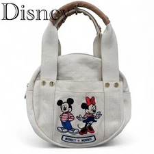 Disney Mickey Minnie Canvas Handbag White Round Bag Embroidery Kids Used