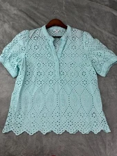 Crown&Ivy eyelet turquoise top blouse Sz XL aqua blue short sleeve