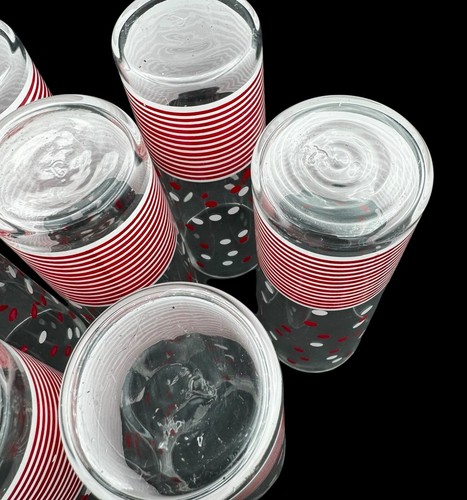 MCM Libbey Glasses Tom Collins Tall Red White Dots Stripes Hand Blown Vtg Set 7 - Picture 9 of 11