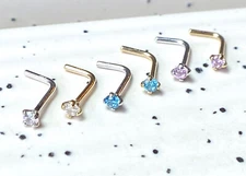 1pc 14kt Yellow or White Gold 20g L-Bend Nose Ring w/Round CZ Gem Stud Screw