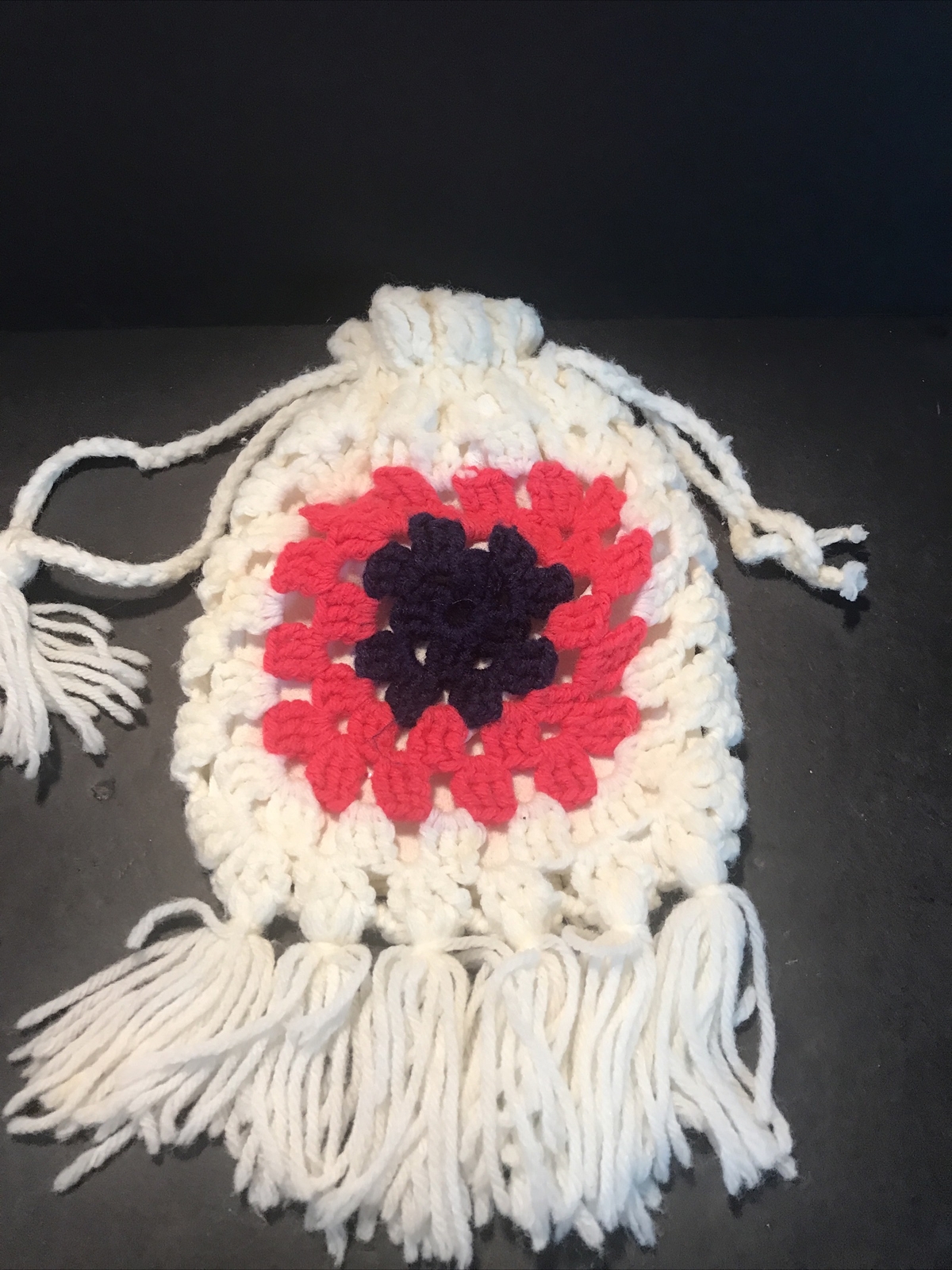 Hand Crocheted Granny Square Drawstring Purse Whi… - image 1