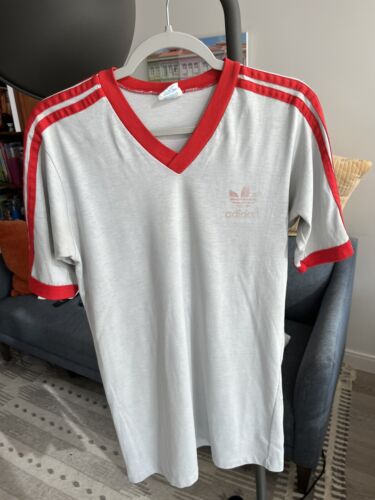 Adidas 1980s Vintage V-neck T-shirt Grey Red Trefoil Logo Large - Picture 1 of 6