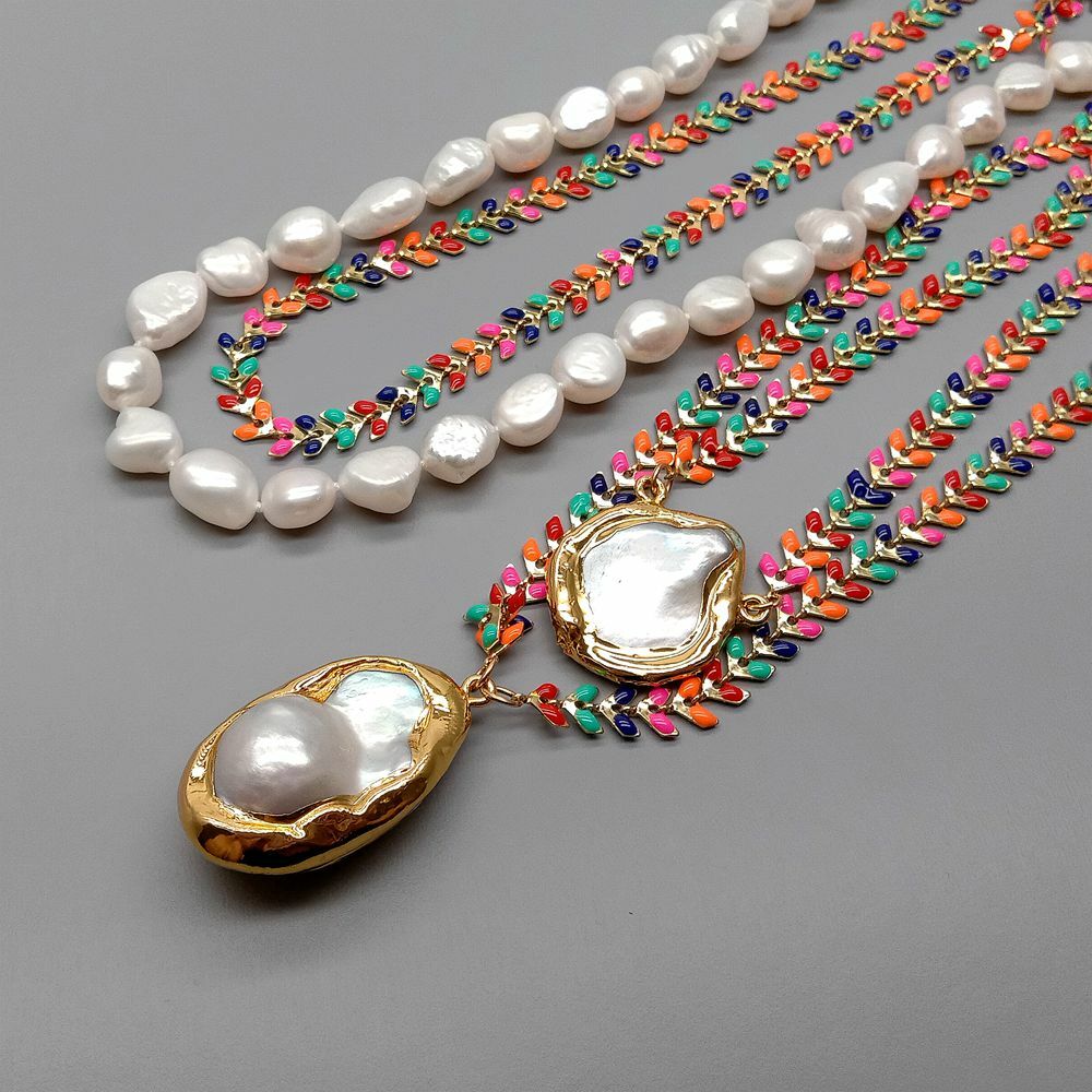 Multi Color Enamel Chain White Baroque Pearl Necklace Keshi Pearl