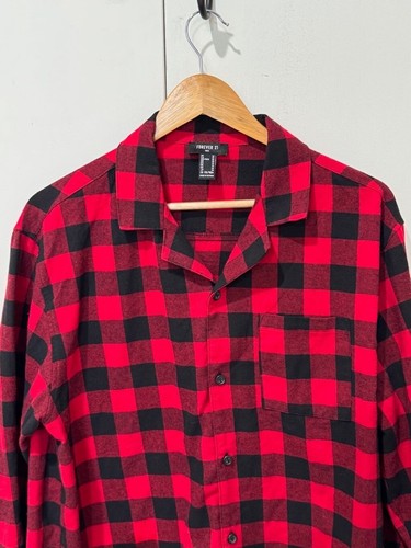 Men's Forever 21 Flannel button up pajama Shirt Size M Red Black buffalo Plaid