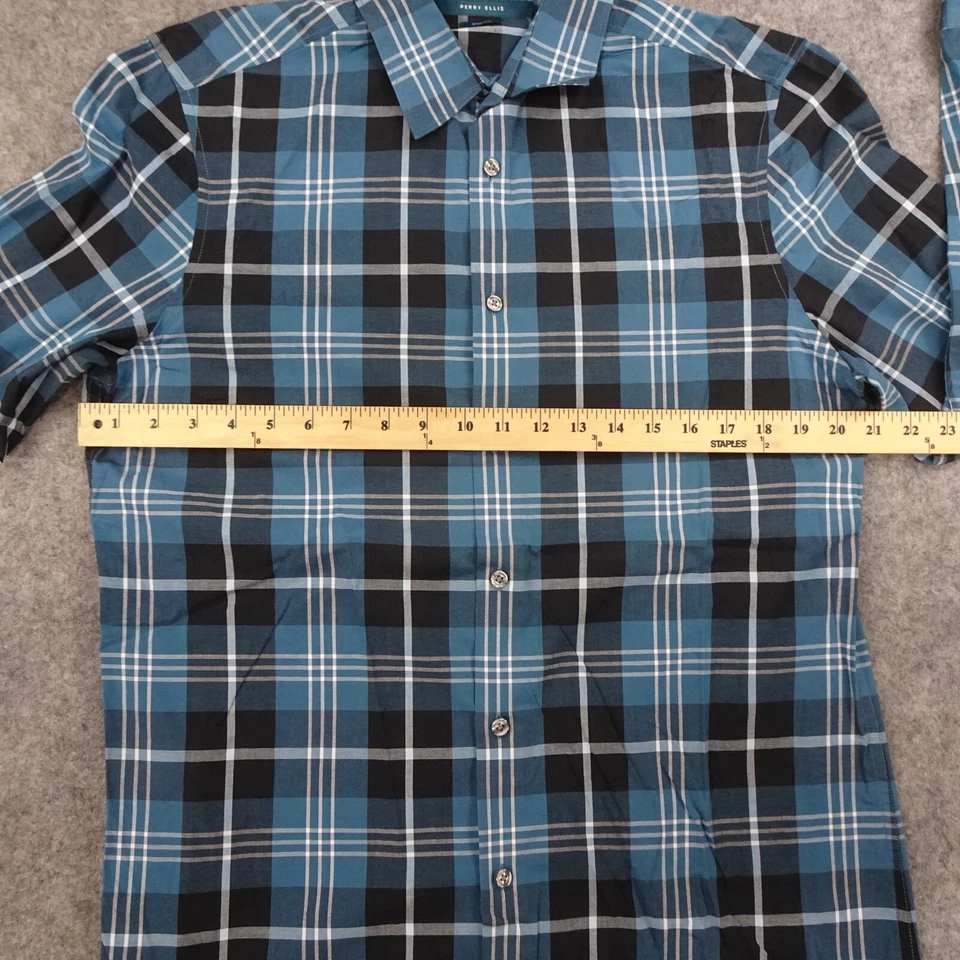 Perry Ellis Button Up Shirt Mens Medium Blue Regular Fit Plaid White Navy - Image 4 of 4