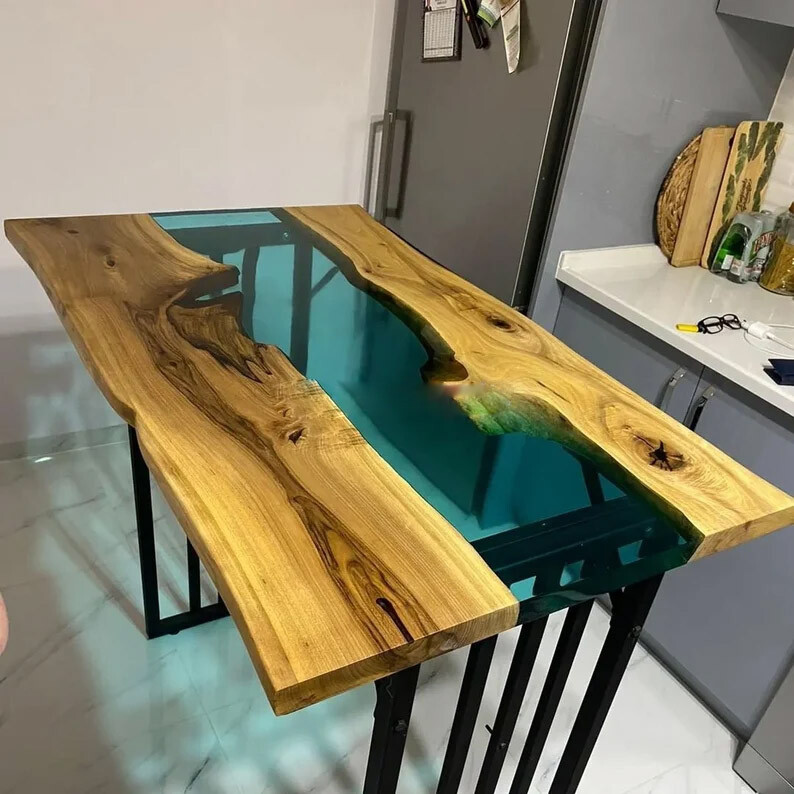 Teal Epoxy Resin Dining Table Top for Modern Living Room Decor