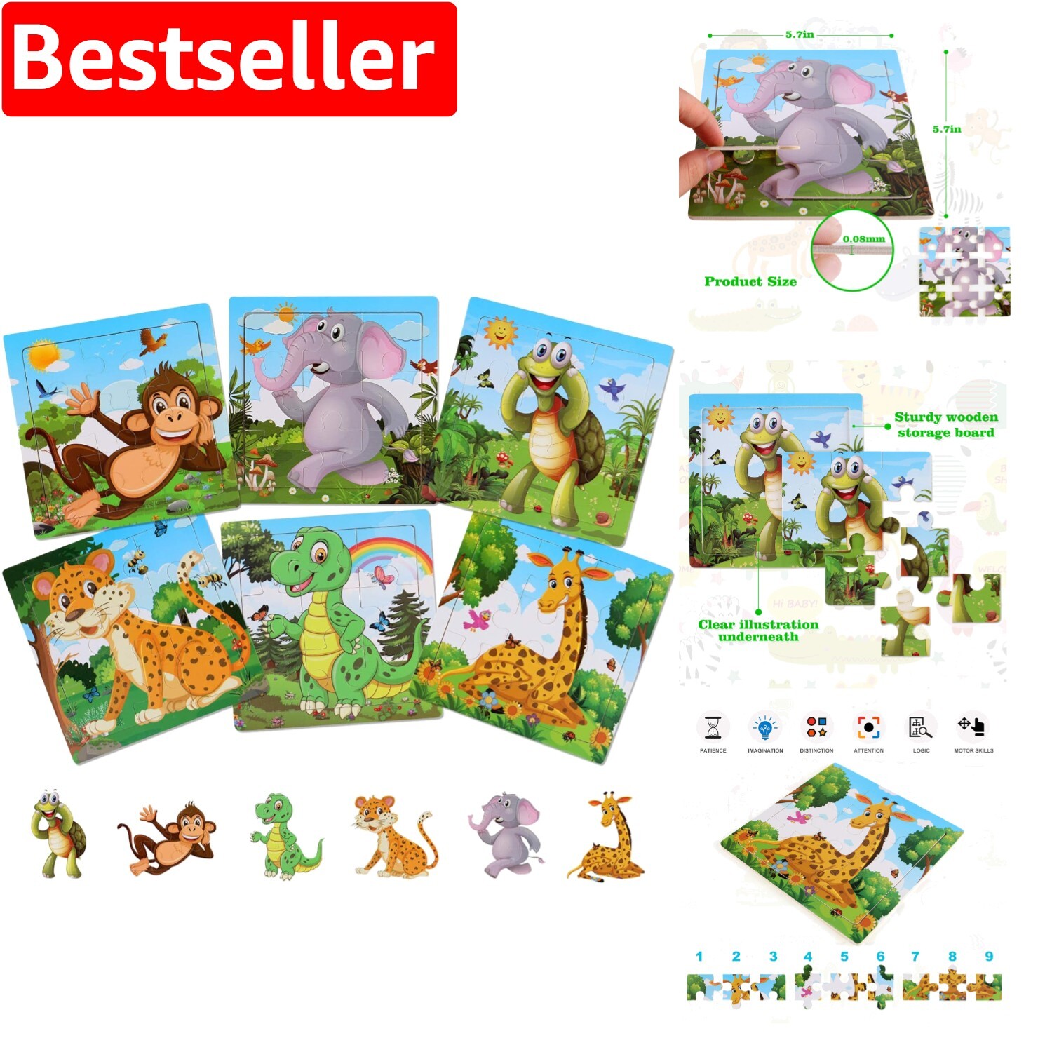 Engaging 9-Piece Wooden Jigsaw Puzzles for Toddlers - Safe Fun Learning Set