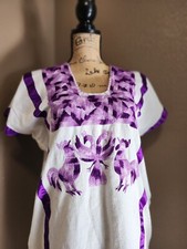  Mexican Oaxaca White/Floral Cotton Embroidered Dress Hippie Boho Festival 