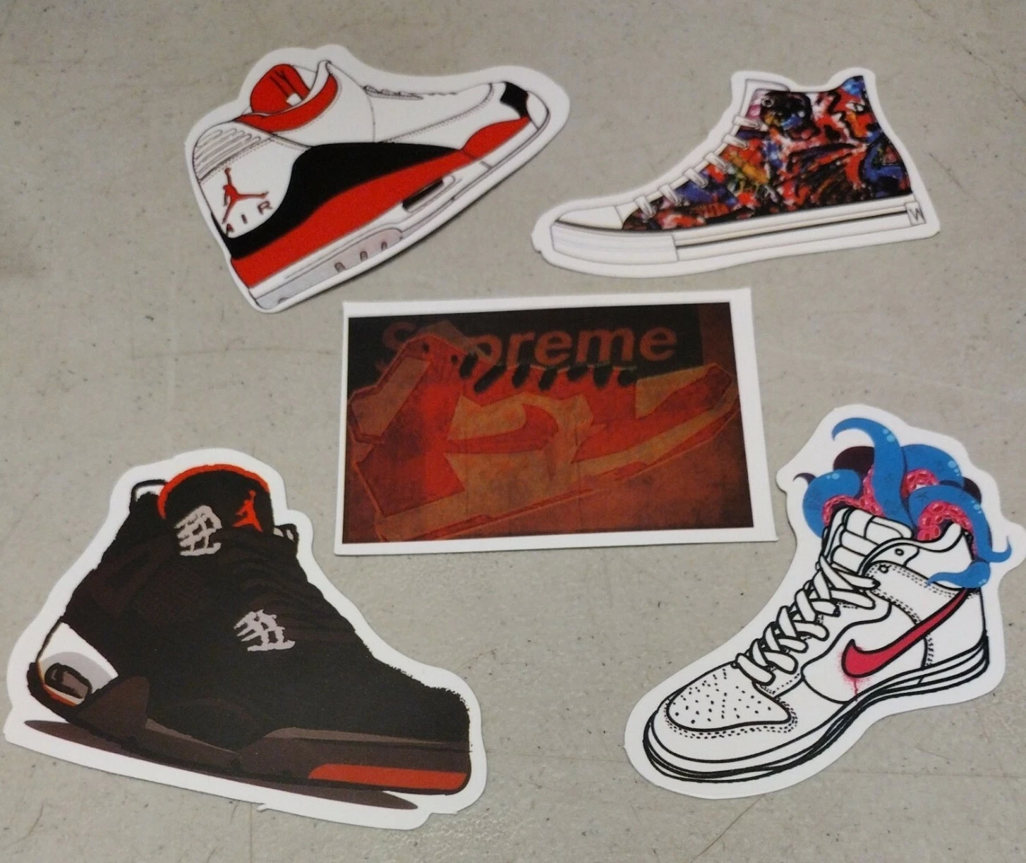 Collection d'autocollants chaussures de skateboard pour patineur   Lot de 5   Nike Jordan Supreme