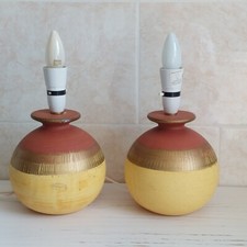 Vintage Ball Lamp Base X2 Round Ceramic Yellow Gold Brown Hand Painted H 27cm