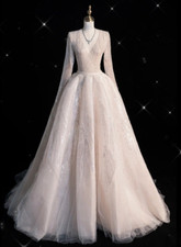Light Champagne Wedding Dresses V Neck Long Sleeves A Line Bridal Gowns