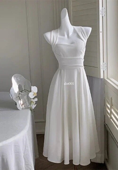 OFF WHITE Abito midi coreano elegante donna estivo nuovo sera festa moda slim