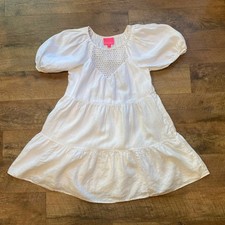 Lilly Pulitzer White Linen Tiered Mini Dress Puff Sleeve Crochet Eyelet Size 10