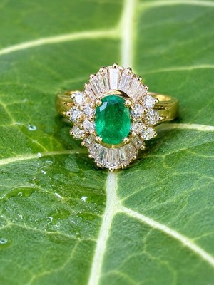 14K Yellow Gold 1CT Lab Emerald & 1.50 CTW Diamond Halo Ring Size 6.5 5.3g