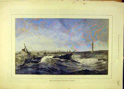 Original alter antiker Druck 1877 Wrack norwegische Barke Suez Yarmouth viktorianisch
