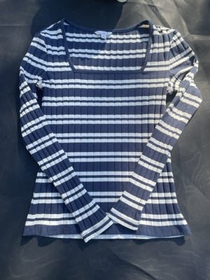LL BEAN SIGNATURE WOMENS STRIPED LONG SLEEVE RIBBED SQUARE NECK SZ XS