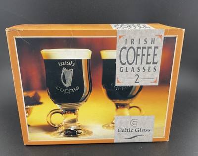 2 Irish Coffee Glasses 8oz Etched Harp - Celtic Glass Product Of Ireland - LR2