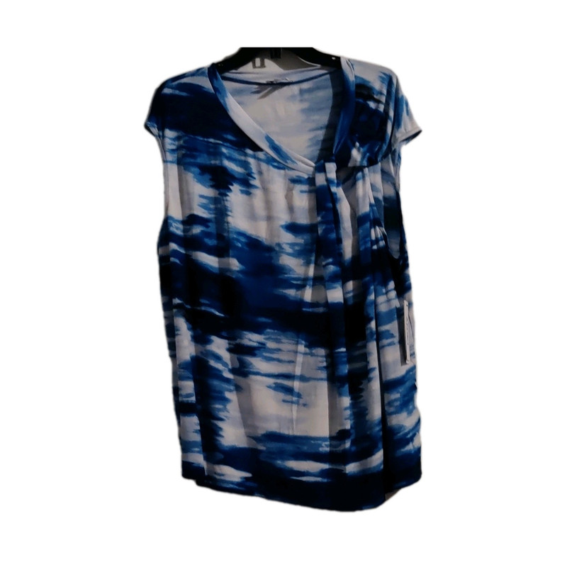 DKNY Blue White Abstract V-Neck Tie Accent Sleeveless Plus 3X Blouse