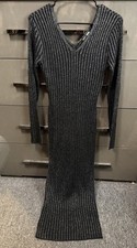 Fashion Nova Black Ribbed Knit Bodycon Dress V-Neck Long Sleeve L Women