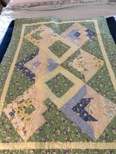 Handmade Quilt Baby Blanket Yellow Green Blue Cotton Machine Quilted 36x 50