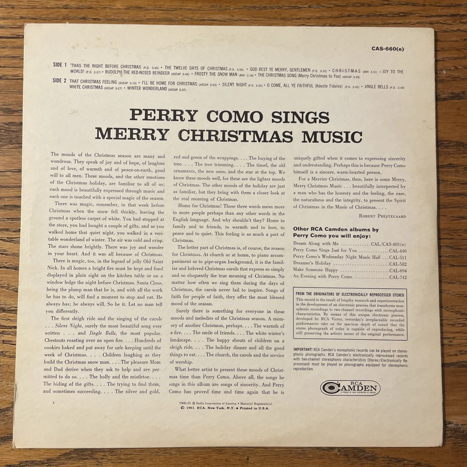 Perry Como Sings Merry Christmas Music LP RCA Camden Stereo Holiday VG Foto 4 de 4