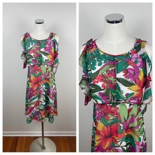 Nine West Tropical Green Red White Cold Shoulder Floral Dress New Women Size 6