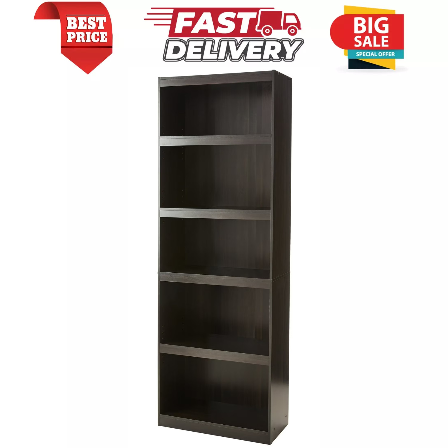 5-Shelf Wood Bookcase Adjustable Framed Storage Wide Shelf 71 in Tall, Espresso