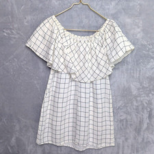 REFORMATION Ivory Windowpane Check Tennessee Dress Sz S Mini Off-Shoulder Ruffle