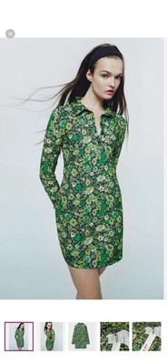 ZARA Green Floral Stretch Long Sleeve Mod Collared Spring Mini Dress Sz L