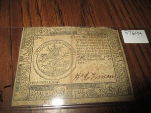 1777 FIVE DOLLARS  COLONIAL CURRENCY - BALTIMORE  MARYLAND