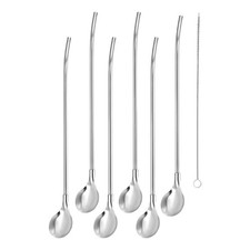 6Pcs Drinking Straw Spoon Cocktail Stirring Spoon Metal Straw With Brush