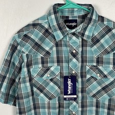 Wrangler Western Wear Mens Medium Turquoise Plaid Pearl Snap Shirt Modern Fit