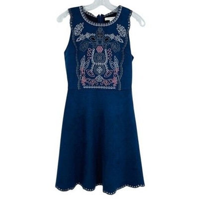 August Mist Dress Womens Small Teal Blue Faux Suede Embroidered Scalloped Hem