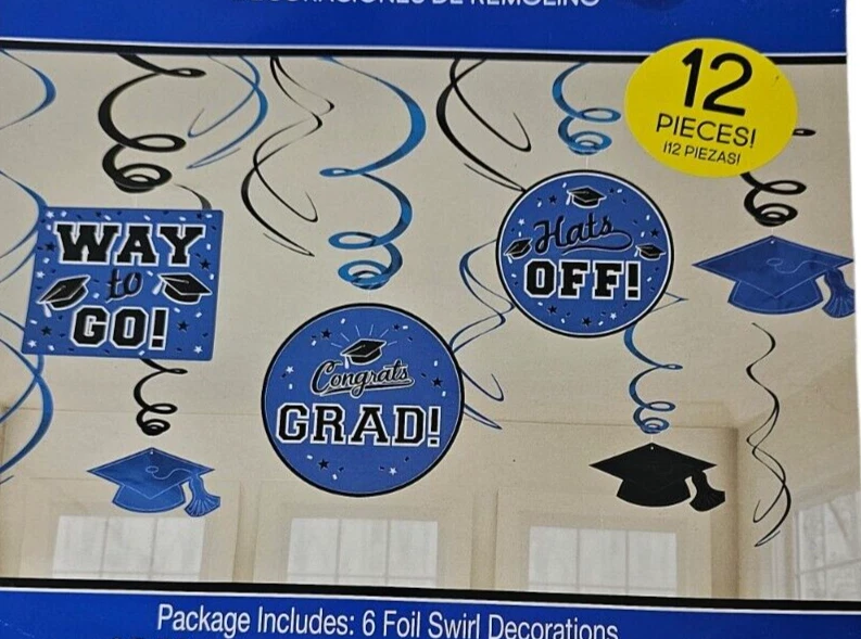 Amscan 12 Piece Graduation Swirl Cutout Decorations Blue & Black Congrats Cap - Image 2 of 3